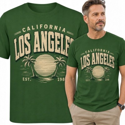 Koszulka męska z palmami i zachodem słońca „Los Angeles California” - styl retro