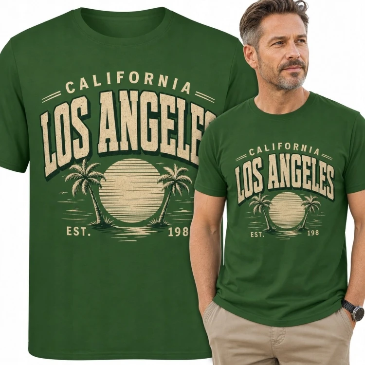 Koszulka męska z palmami i zachodem słońca „Los Angeles California” - styl retro
