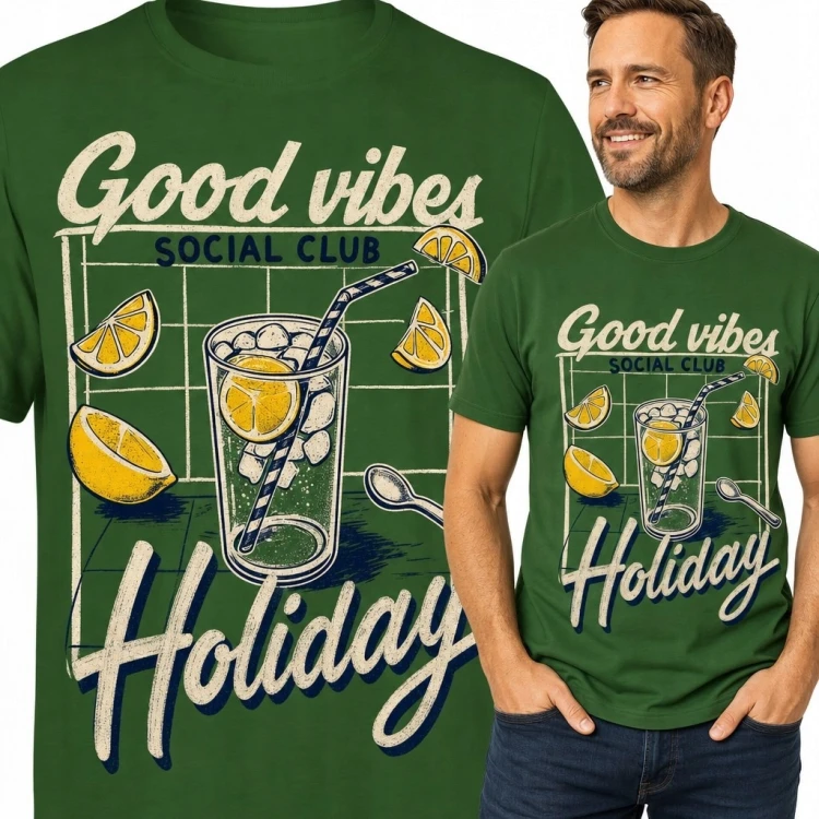 Koszulka męska z wakacyjnym napojem „Good vibes Holiday” - retro