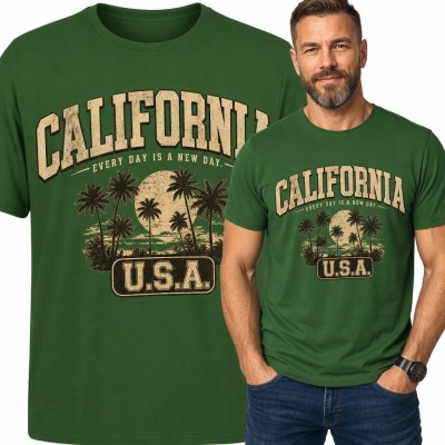 Koszulka męska z palmami i zachodem słońca „California U.S.A.” - retro