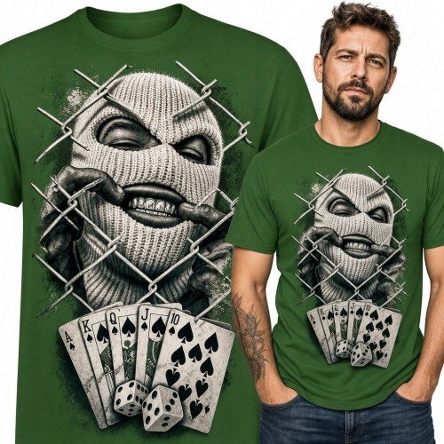Koszulka męska z zamaskowaną postacią, kartami i kośćmi - mroczny streetwear