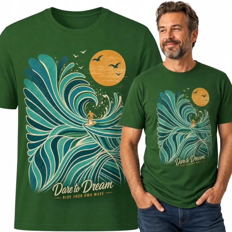 Koszulka męska z surferem na fali „Dare to Dream” - surfingowy wzór retro