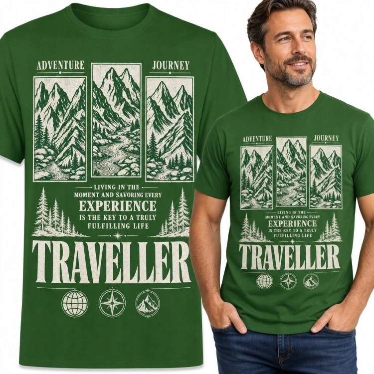 Koszulka męska z tryptykiem górskim „Traveller” - strumień, kompas i glob