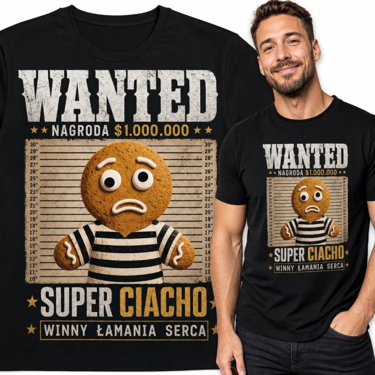 Koszulka męska z nadrukiem „Wanted - Super ciacho - winny łamania serca”