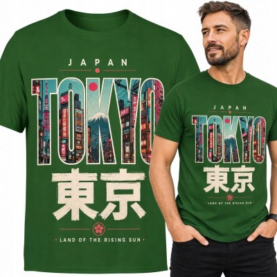 Koszulka męska z motywem Tokio i Japonii „Tokyo” - góra Fuji i miejskie neony