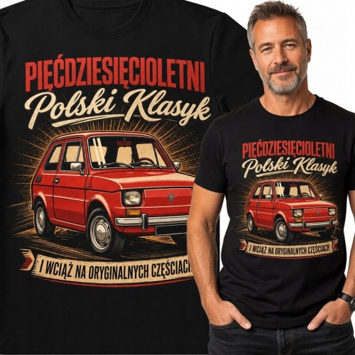 Koszulka męska „Pięćdziesięcioletni polski klasyk” na 50 urodziny - czerwone auto retro