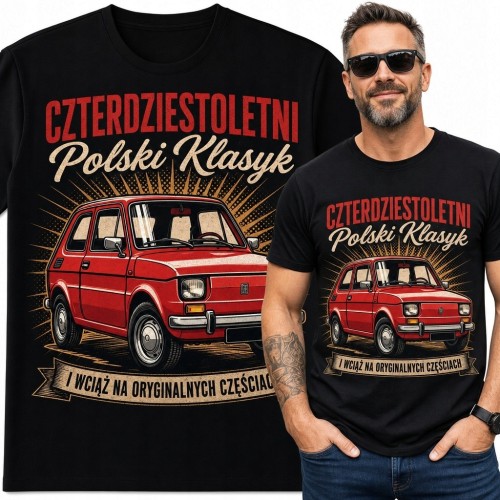Koszulka męska na 40 urodziny z Fiatem 126p i napisem „Czterdziestoletni Polski Klasyk”