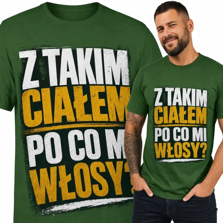 Koszulka męska dla łysego z napisem „Z takim ciałem po co mi włosy?” - humor z charakterem