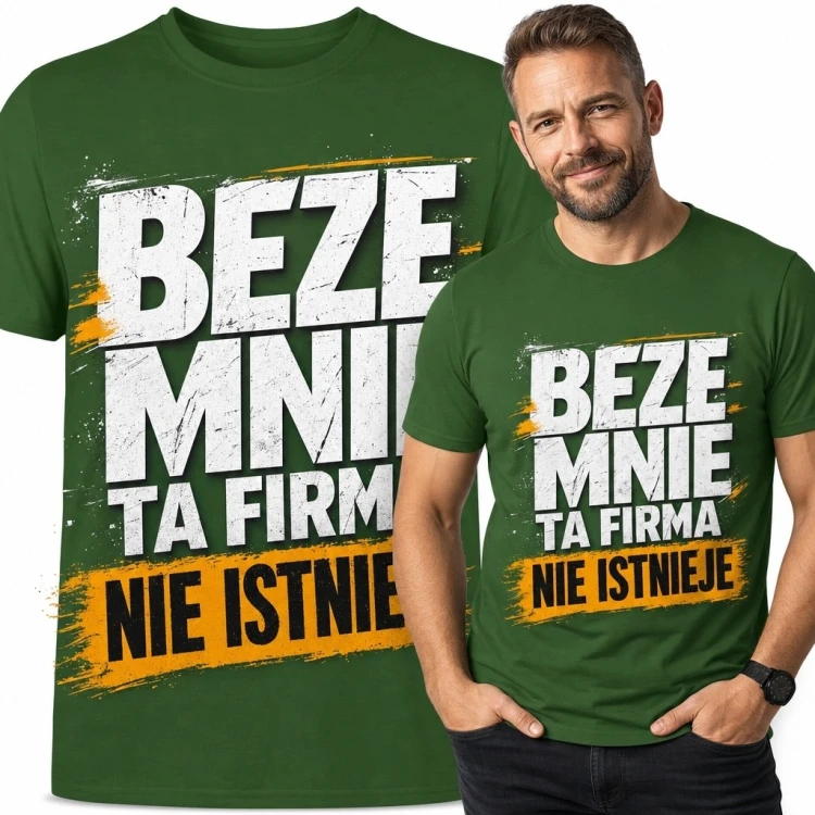 Koszulka męska z napisem „Beze mnie ta firma nie istnieje” - biało-pomarańczowy nadruk z przetarciami