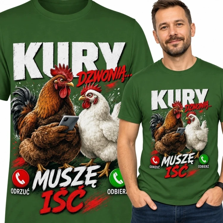 Koszulka męska z kurami „Kury dzwonią... muszę iść” - dla hodowcy drobiu