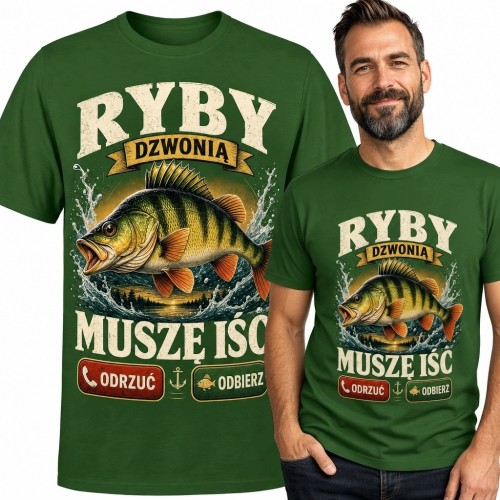 Koszulka męska dla wędkarza z okoniem „Ryby dzwonią, muszę iść” - humor wędkarski