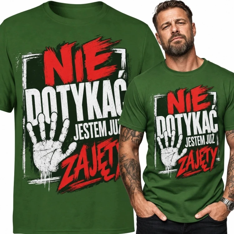 Koszulka męska z napisem „Nie dotykać - jestem już zajęty” - humor dla mężczyzny w związku