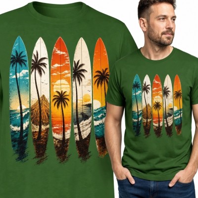 Koszulka męska z deskami surfingowymi - tropikalna plaża retro