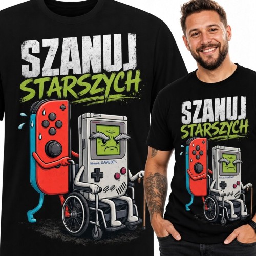Koszulka męska „Szanuj starszych” - retro konsola na wózku