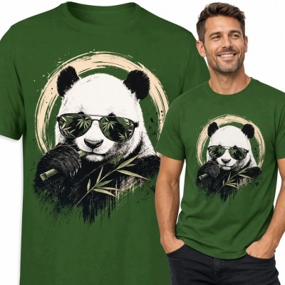 Koszulka męska z pandą w okularach i liśćmi konopi - streetwearowy motyw