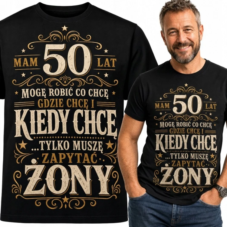 Koszulka męska na 50 urodziny - „Mam 50 lat. Mogę robić co chcę, gdzie chcę i kiedy chcę... tylko muszę zapytać żony”