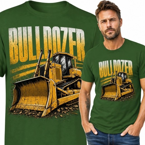 Koszulka męska z buldożerem „BULLDOZER” - zielony wzór retro z promienistym tłem