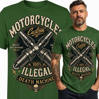 Koszulka męska dla motocyklisty „100% Illegal / Death Machine” - świece zapłonowe i czaszka