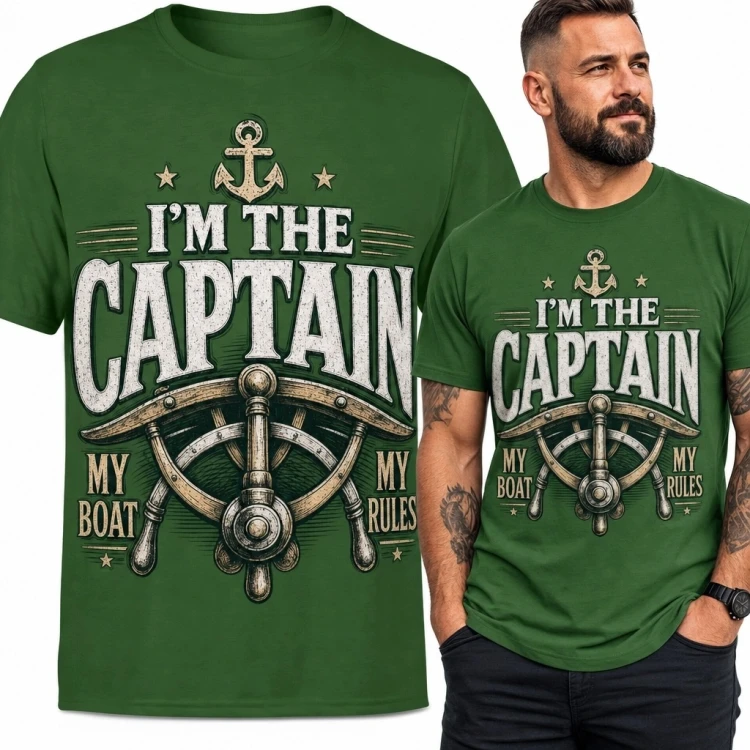 Koszulka męska „I’m the Captain - My Boat My Rules” - kotwica i koło sterowe