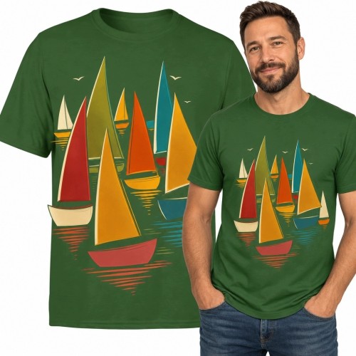 Koszulka męska z kolorowymi żaglówkami - retro motyw żeglarski