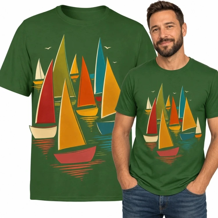 Koszulka męska z kolorowymi żaglówkami - retro motyw żeglarski