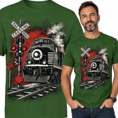Koszulka męska z lokomotywą „Rail / Crossing / Road” - motyw kolejowy retro