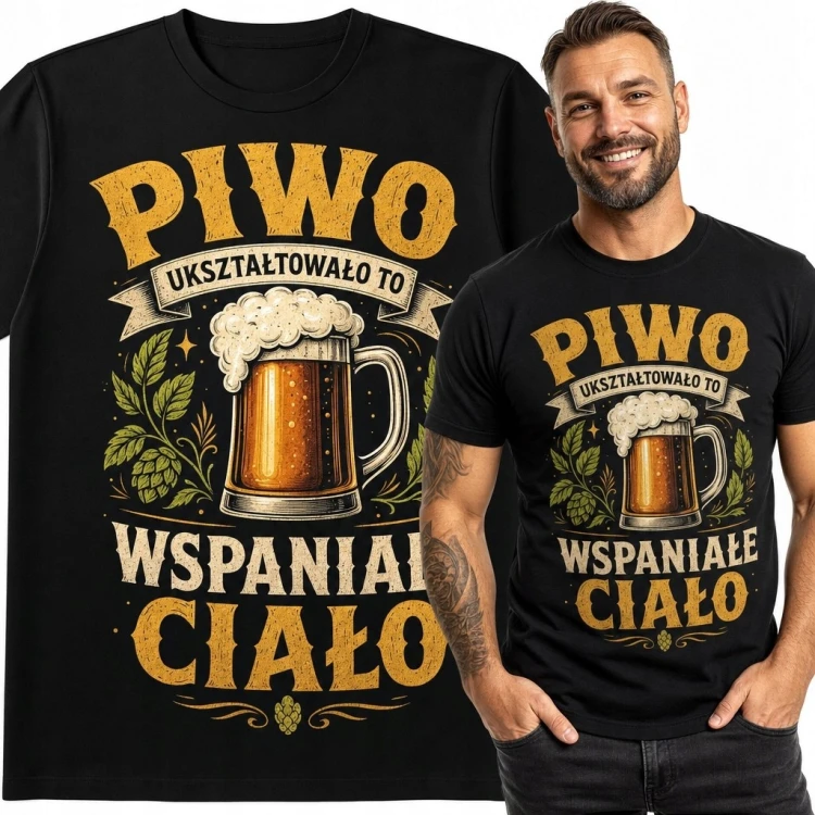 Koszulka męska retro z kuflem piwa „Piwo ukształtowało to wspaniałe ciało”