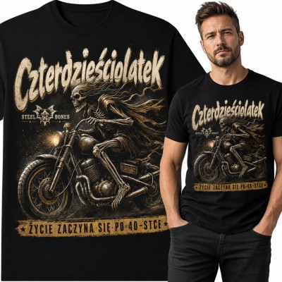 Koszulka męska na 40 urodziny „Czterdziestolatek” - szkielet motocyklisty