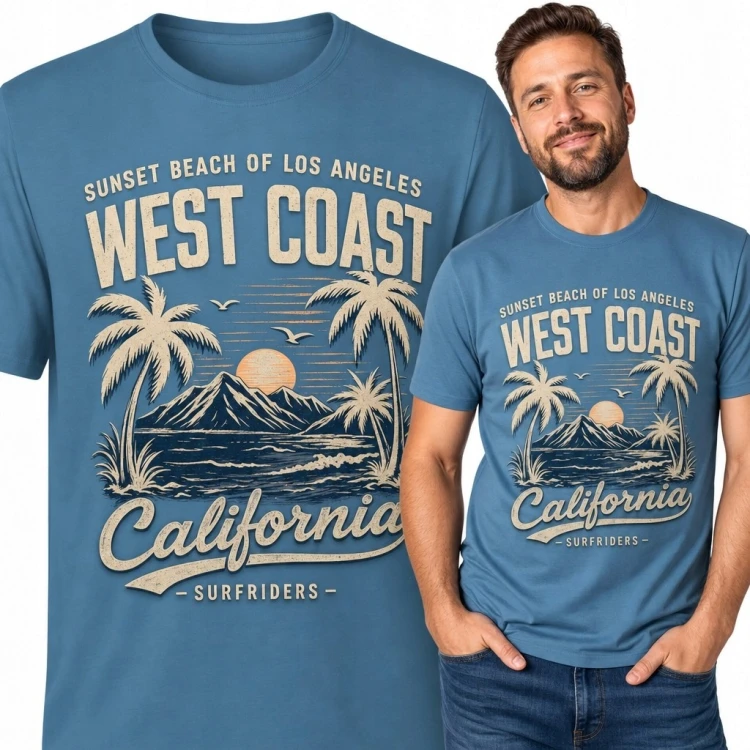 Koszulka męska „West Coast” - Kalifornia, palmy i zachód słońca
