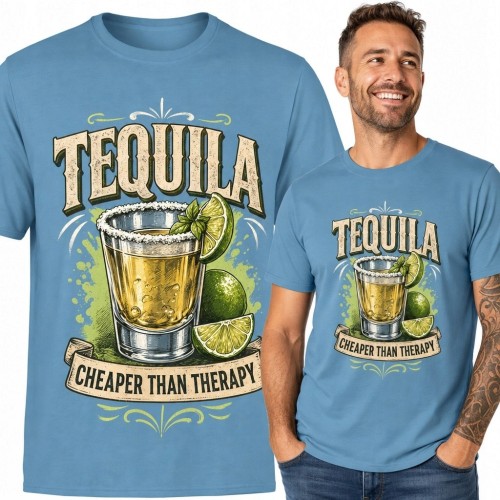 Koszulka męska z tequilą i limonkami „Tequila” - „Cheaper Than Therapy”