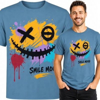 Koszulka męska z graffiti-twarzą i napisem „Smile Mood” - streetwear