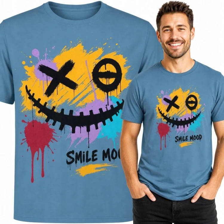 Koszulka męska z graffiti-twarzą i napisem „Smile Mood” - streetwear