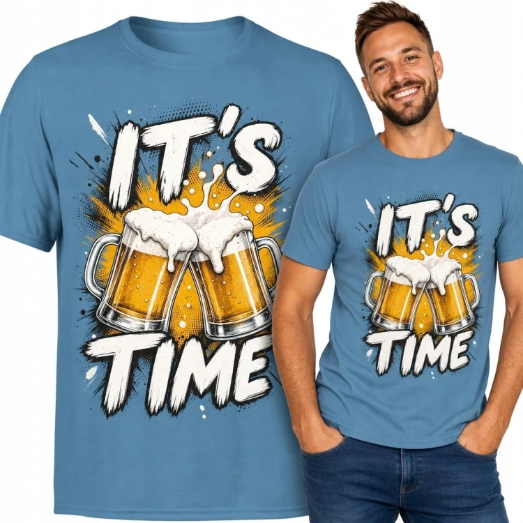 Koszulka męska z kuflami piwa „It's Time” - komiksowy toast