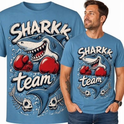 Koszulka męska z rekinem bokserem „Shark team” - komiksowy nadruk