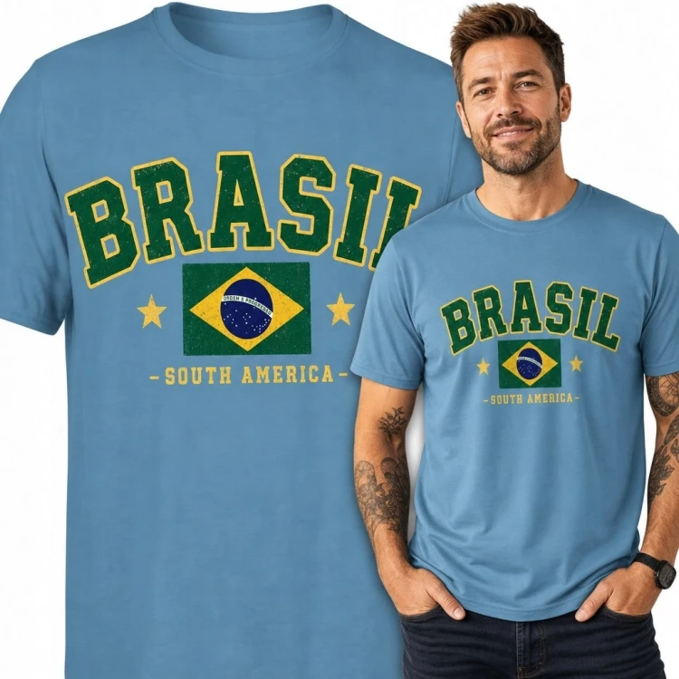 Koszulka męska „Brasil” z flagą Brazylii - styl retro college