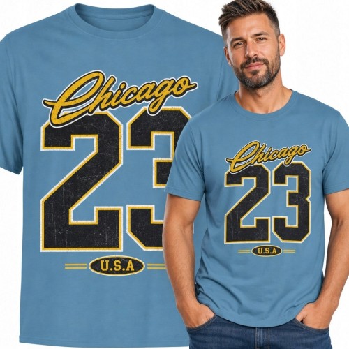 Koszulka męska z nadrukiem varsity „Chicago 23” - niebieska