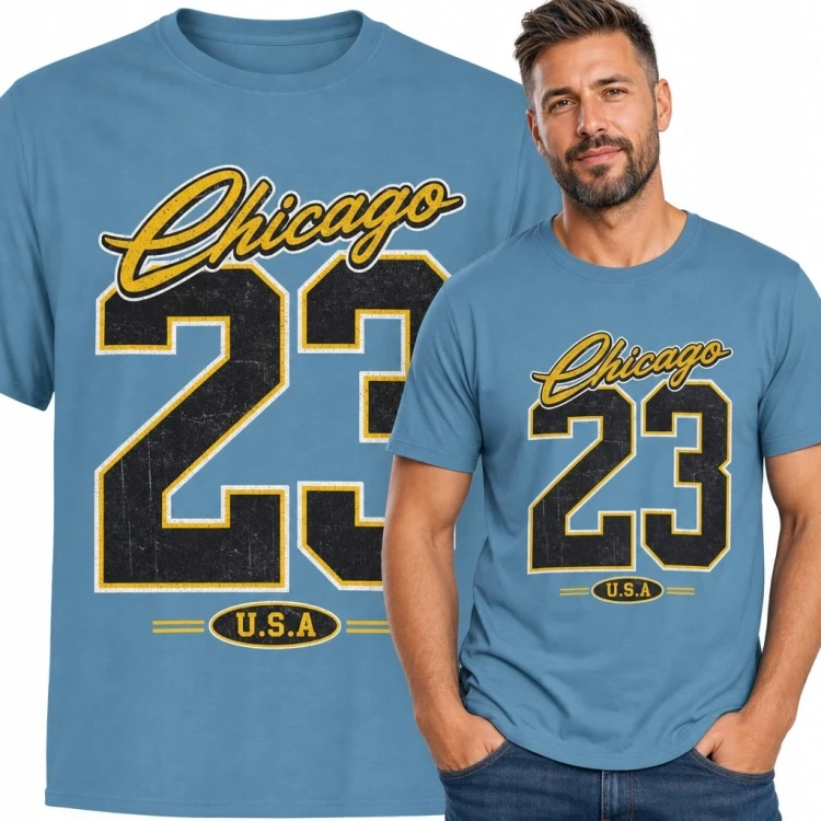 Koszulka męska z nadrukiem varsity „Chicago 23” - niebieska