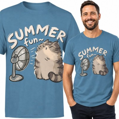 Koszulka męska z kotem i napisem „Summer fun~” - zabawny wzór na lato