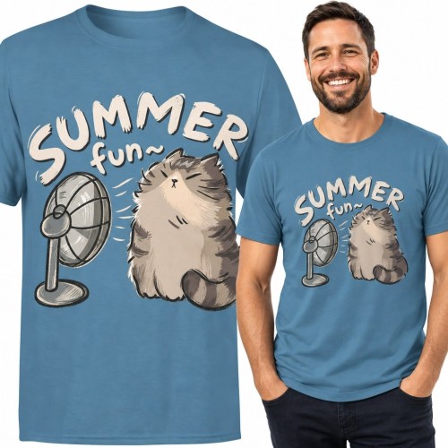 Koszulka męska z kotem i napisem „Summer fun~” - zabawny wzór na lato