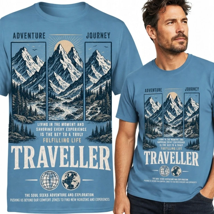 Koszulka męska z tryptykiem ośnieżonych gór „Traveller” - dwa symbole globu