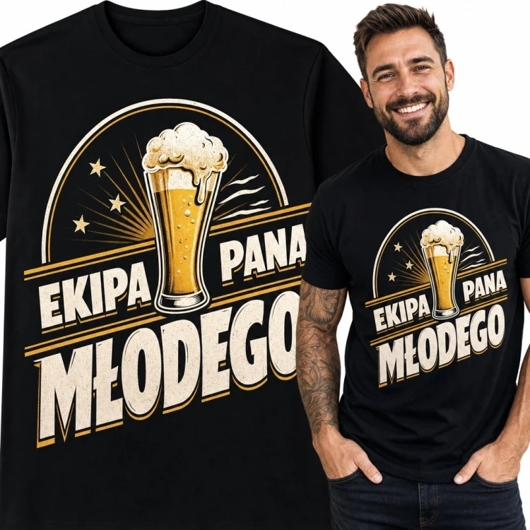Koszulka męska „Ekipa Pana Młodego” z kuflem piwa - na wieczór kawalerski