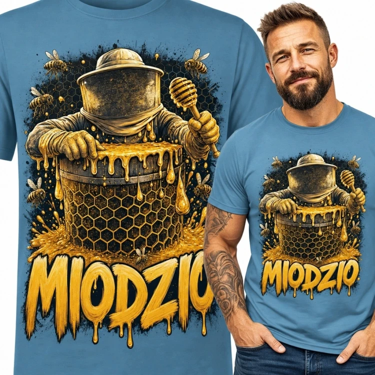 Koszulka męska dla pszczelarza „Miodzio” - pszczoły i plaster miodu