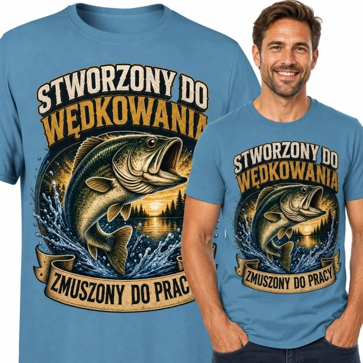 Koszulka męska wędkarska z rybą „Stworzony do wędkowania - zmuszony do pracy”