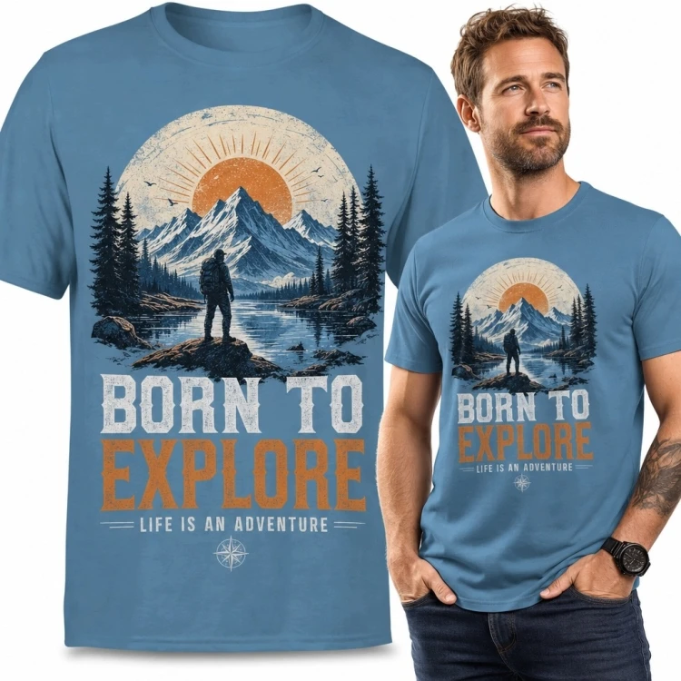 Koszulka męska z motywem górskiej wyprawy „Born to Explore” - wędrowiec nad jeziorem