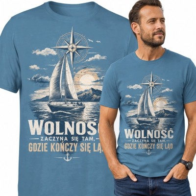 Koszulka męska dla żeglarza „Wolność” - żaglówka i róża kompasowa