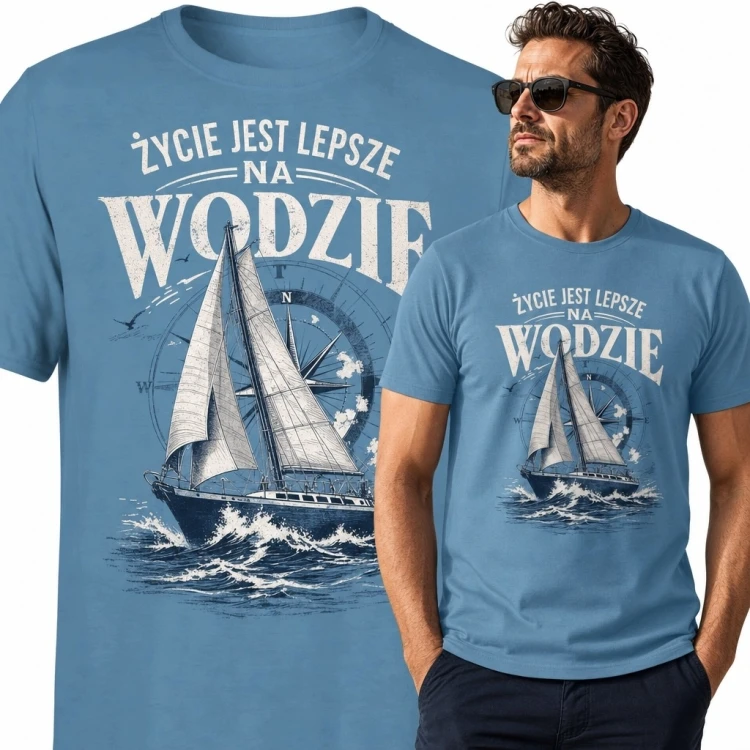 Koszulka męska z żaglówką „Życie jest lepsze na wodzie”