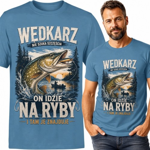 Koszulka męska ze szczupakiem „Wędkarz nie szuka szczęścia - on idzie na ryby i tam je znajduje”