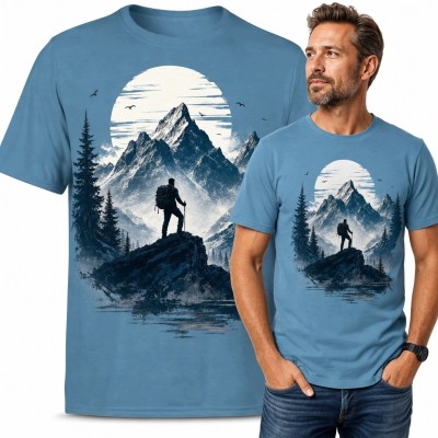 Koszulka męska z wędrowcem na szczycie - motyw gór i trekkingu