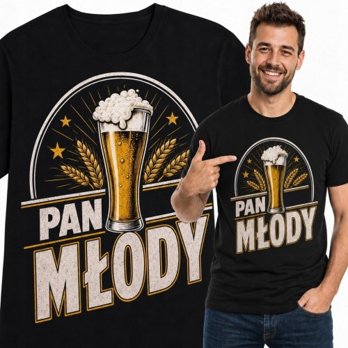 Koszulka męska „Pan Młody” z piwnym nadrukiem - na wieczór kawalerski