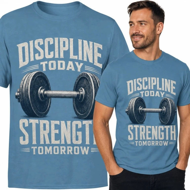 Koszulka męska na siłownię ze sztangą „Discipline Today / Strength Tomorrow”